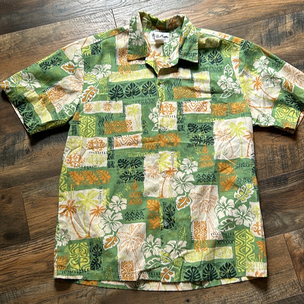 Vintage Howie Made in Hawaii Green Hawaiian Button Front Shirt Size Large